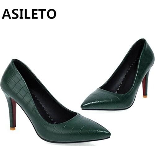 ASILETO Small Big Size 32-43 Dress Shoes Lady Pointe Toe 9cm Thin Heel Pumps PU Leather Office White Pink Red Black S2488