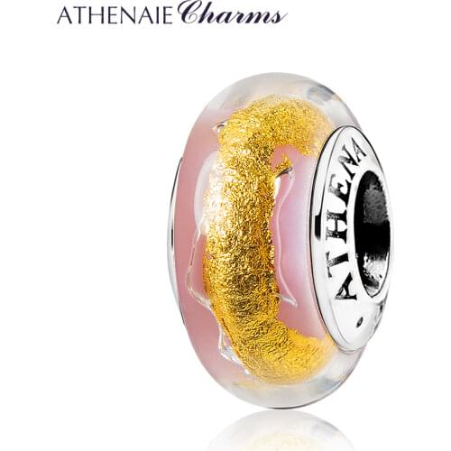 ATHENAIE 100% 925 Sterling Silver Macaron PInk Gold foil Murano Glass Bead fit Charms Bracelet DIY Jewelry Gift for mothers Day