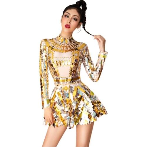 ShinySilver Gold Rhinestone Sequined Dance Costume Bodysuit Skirt Two Pieces Set Birthday Celebrate Prom Party Outfit Stage Wear