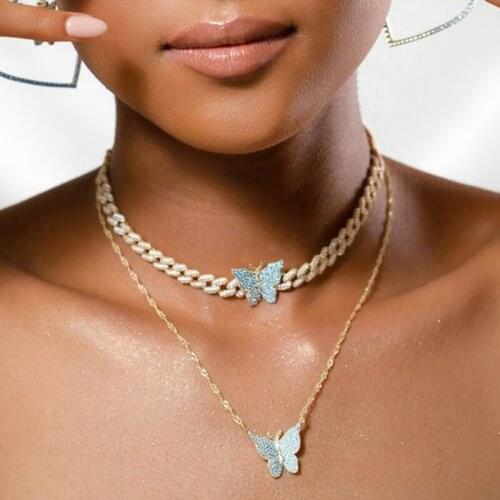 Iced Out Bling CZ Women Jewelry 32+10CM White Pink Blue Butterfly Double Row 5A Cubic Zirconia 9mm Cuban Chain Choker Necklace