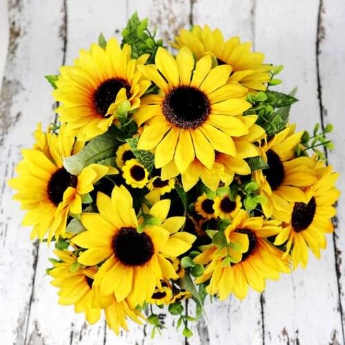 Artificial Sunflower Bouquet 22 Heads Fake Silk Flowers Wedding Bridesmaid Bouquet Home Garden Simulation Flower Decorations