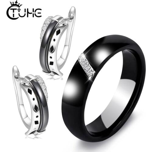 Black White Pink Women Jewelry Sets Crystal 6MM Width Ceramic Rings Stud Earrings Wedding Christmas Gift for Women