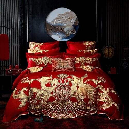 4/6/8pc Luxury Gold Loong Phoenix Embroidery Chinese Wedding Red 100% Cotton Bedding Set Duvet Cover Bed Sheet Linen Pillowcases