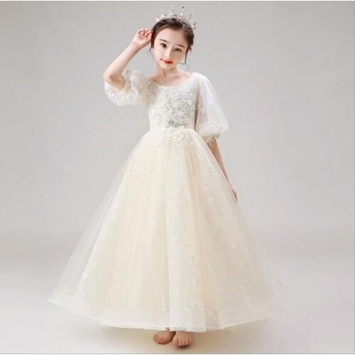 Champagne Lace Girl Dress Floral Tulle Birthday Party Wedding Dress Girl Palace Princess Evening Dresses Kid Elegant Long Frocks