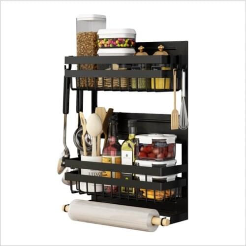 Kitchen shelf black refrigerator frame microwave side hanging magnetic absorption hole free material storage