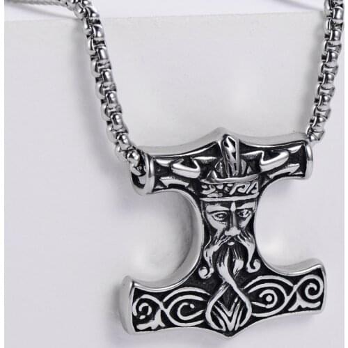 Hot Sell Vintage Stainless Steel Norse Viking Pendant Necklace Wolf Thors Hammer Mjolnir Scandinavian Odin Amulet Men Jewelry