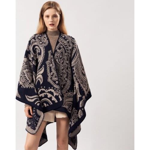 Hodisytian Fashion 2020 Spring Autumn Women Cloak Poncho Wool Cashmere Capes Shawl Cloak Clasp Vintage Jacquard Print Scarf