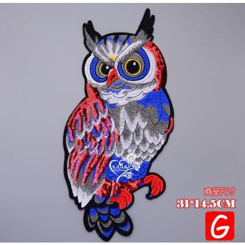 GUGUTREE sequined embroidery big owl patch animal patches badges applique patches for clothing DX-40