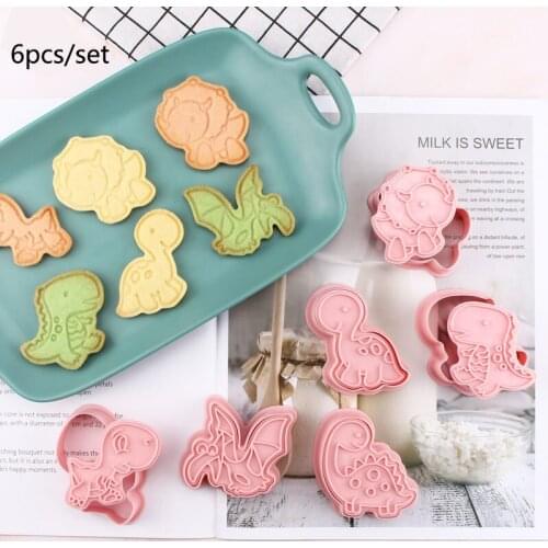 New 6Pcs/Set Dinosaur Style Cookie Cutters Plastic 3D Cartoon Pressable Biscuit Mold Cookie Stamp Kitchen Baking Pastry Bakeware