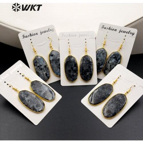 WT-E349 Wholesale natural black labradorite stone earrings with 24K gold trim fashion rhombus earrings jewelry for women