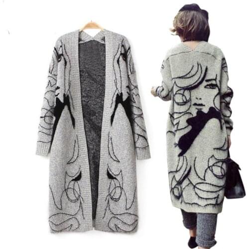 Autumn Knitted Long Sleeve Cardigan Sweaters Women 2021 Oversize Cardigan Loose Harajuku Art Embroidery Print Long Sweater Mujer