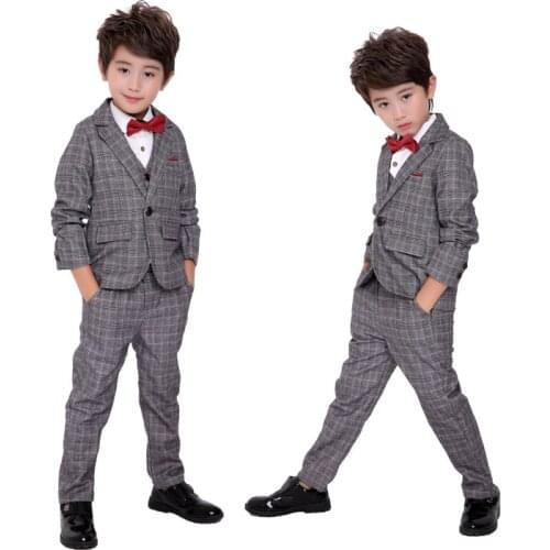 Children Spring Autumn Formal Dress Suits Sets Flower Boys Wedding Prom School Suit Set Kids Plaid Blazer Vest Pants 3pcs Outfit