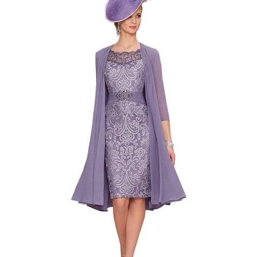 With Jacket Mother Of The Bride Dresses Sheath Knee Length Chiffon Appliques Beaded Short Groom Mother Dresses For Weddings