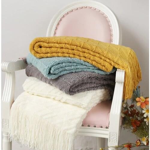 Knitted Throw Travel Blanket Cream Yellow Blue Grey Sofa Throw Blanket Tassels Air Condition Blanket Twill Acrylic 130x170cm