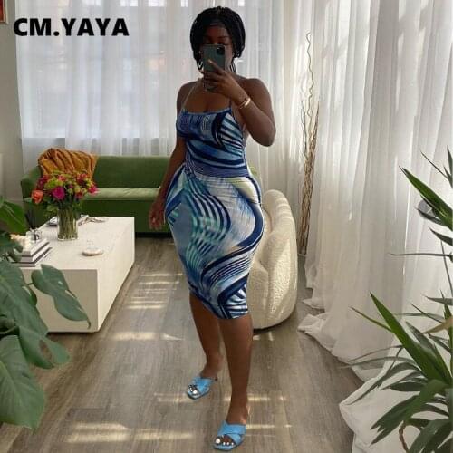 CM.YAYA Women Dress Print Sleeveless Strap O-neck Backless Strechy Bodycon Pencil Midi Dresses Sexy Vintage Vestidos Summer 2021