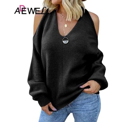 ADEWEL Sexy V Neck Off Shoulder Sweater 2020 Autumn Winter Products Womens European American Cross Wrapped Open Back Sweater