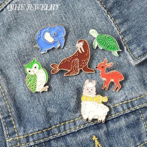 QIHE Jewelry 6 Cute Animals Enamel Pins Deer Alpaca Owl Cartoon Brooches Badges Fashion Pin New year Gifts for Kids Wholesale
