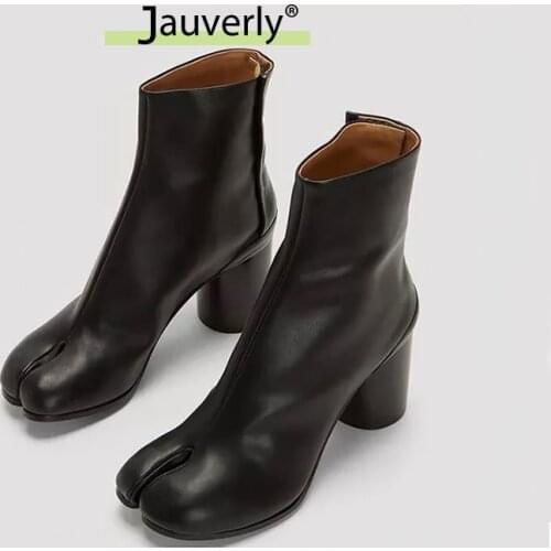 2021 Luxury Brand Design Leather Tabi Boots Fashion Round Chunky High Heel Ankle Boots For Women Autumn Winter Split Toe Shoes