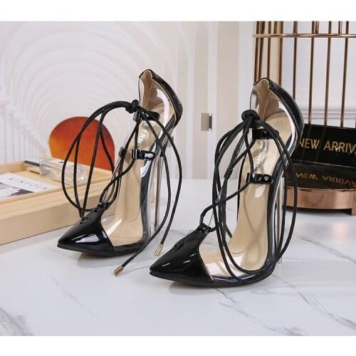 16cm heels for women Cross-Lace-up Patent Leather Lady Shoes Roman Style Show Model Female shoes Size44 Fashion Stiletto PVC