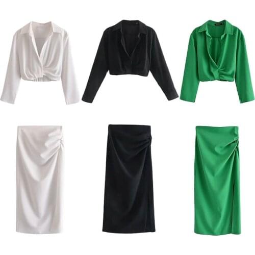 2021 New ZA Women Two piece set Linen Blend Cropped Shirt & Draped Skirt Spring Summer Fashion Casual Cozy Woman 2 piece set