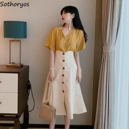 Women Sets Solid Short Sleeve Shirts Single Breasted Mid-calf Skirts Slim A-line French Style Retro Sweet Elegant Temperament