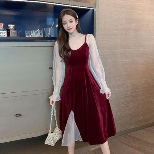 2021 Summer mesh ruffles slash neck off shoulder lace up Women korean velvet dress Women spaghetti strap dresses 2-piece set