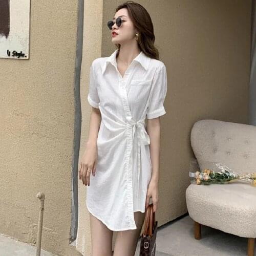Irregular Design Sense Long Shirt Dress Female 2021 Summer New Slim And thin Temperament Lace-Up Cotton Shirt Whit Dress Female