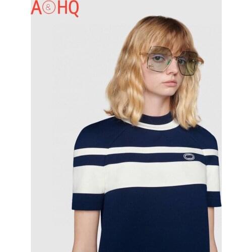 2021 Spring Summer Luxury Brand Design Loose Letter Blue White Stripe Contrast Casual Retro Sports Dress For Women‘s 874