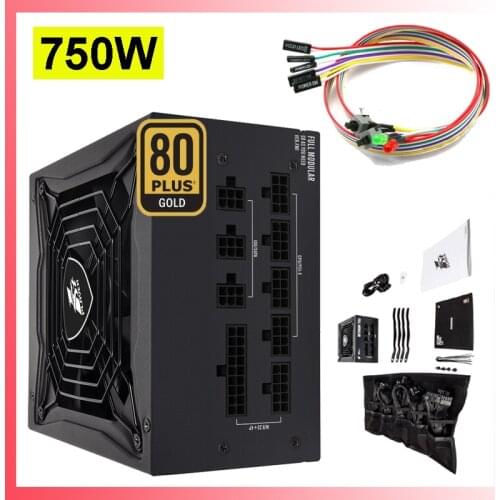 80Plus Golden 750W PSU PFC Active Noiseless Full Modular Power Supply Unit Dual CPU 8PIN Power Supply 100V-240V PC Switch Cable