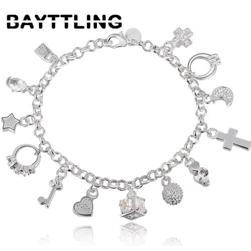 BAYTTLING 925 Sterling Silver Bracelet Heart 13 Piece Pendant Bracelet For Woman Fashion Wedding Jewelry Charm Gift
