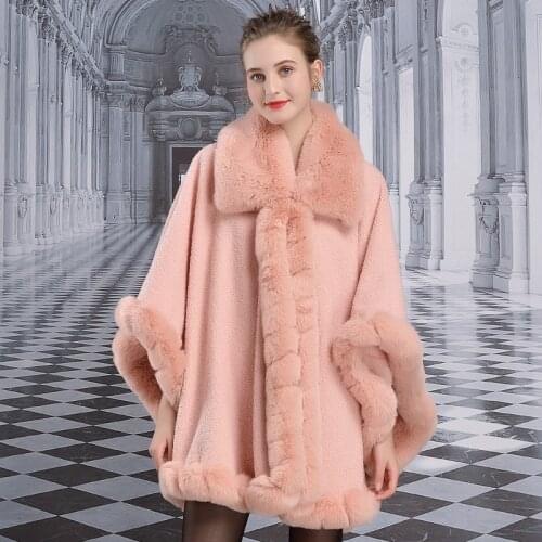 Noble Luxury Faux Rex Rabbit Fur Coat Cape Thick Warm Lamb Wool Cloak Lapel Overcoat Women Winter New Shawl Plus Size 5 Colors