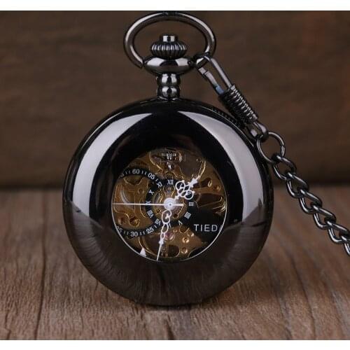 5pc/lot Black smooth steampunk mechanical pocket watch for men and women Roman numerals featuring hollow jewelry pocket watches