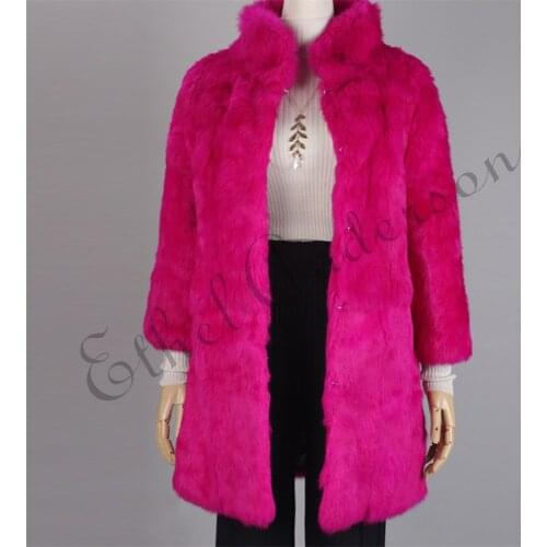Ethel Anderson Real Rabbit Fur Coat Stand-up Collar Genuine Rabbit Fur Jacket Long Full Pelt Rabbit Fur Overcoat Winter