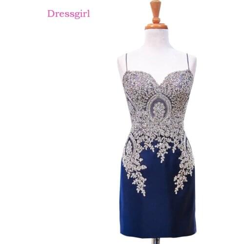 Royal Blue Elegant Cocktail Dresses Sheath Spaghetti Straps Short Mini Beaded Lace Homecoming Dresses