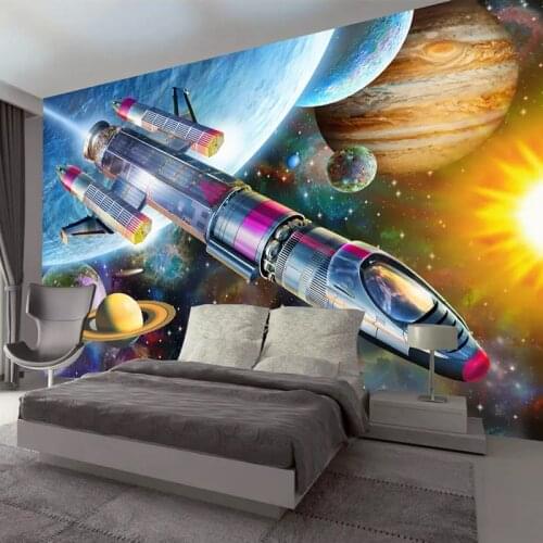 Custom Photo 3D Poster Wallpaper Modern Hand Painted Cartoon Space Universe Rocket Children Room Mural Wall Paper Kids Bedroom