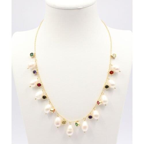 GuaiGuai Jewelry Freshwater Cultured White Rice Pearl Multi Color Cubic Zirconia CZ Pave Chain Necklace 18" Pearl Pendant