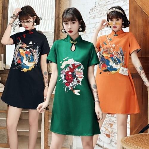 Chinese Traditional Daily Cheongsam Women Retro Short Ladies The New Fashion Style Retro Carp Crane Print Party Cheongsam Dress
