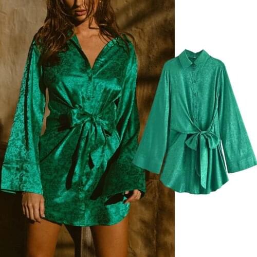 Klkxmyt Za Fashion Party Dress Women Vestidos Waist Lace-up Vintage Satin Print Flared Sleeves Mini Dress Women Short Dresses