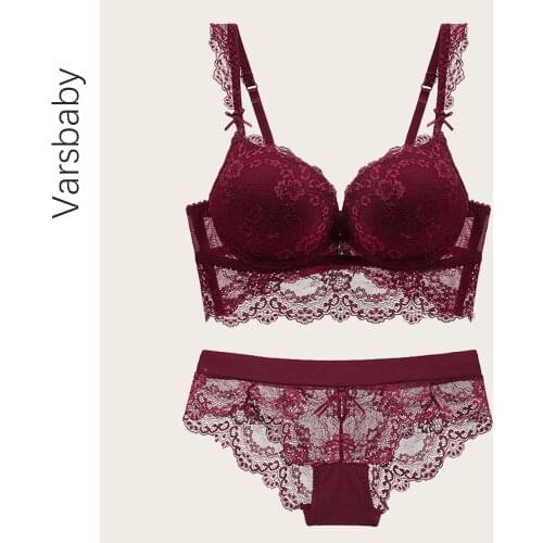 Varsbaby sexy floral lace push up fashion thick cup underwear deep V underwire bra and panty set
