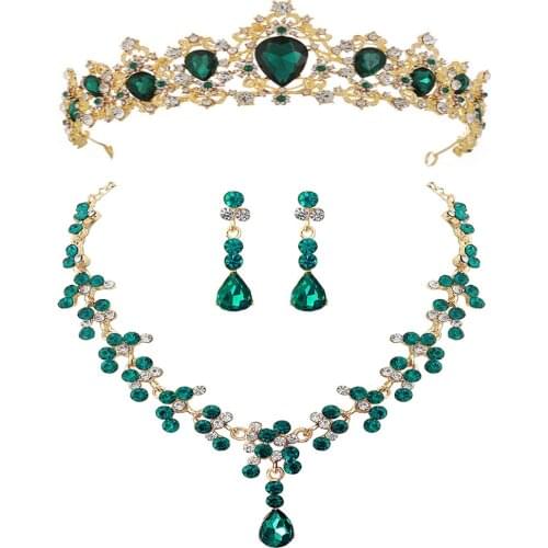 Baroque Vintage Gold Crystal Bridal Jewelry Sets Choker Necklaces Earrings Tiaras Sets African Beads Red Green Blue Jewelry Sets