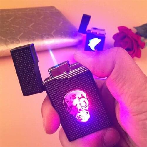 Creative butane gas Inflatable Torch lighter with flashing light metal portable windproof blue jet flame CIGAR lighter smoking