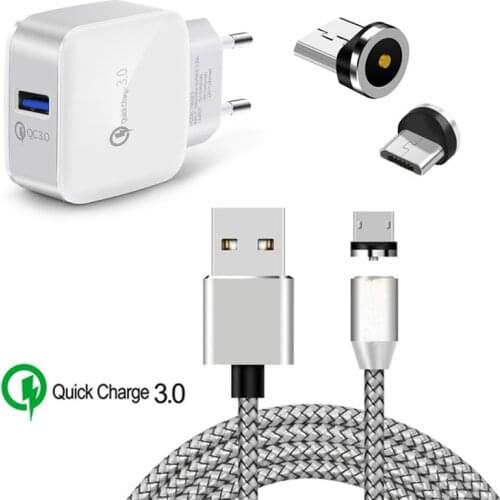 Magnetic charger Micro USB Cable + QC 3.0 USB Fast adapter For Samsung A7 2018 Xiaomi 6A Redmi 7 6 Huawei P8 lite Android phone