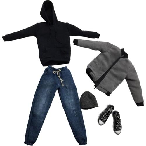 1/6 Scale Mens Clothes Gray Bomber Jacket Hoodie Jeans Hat Canvas Shoes Set for 12'' Male Action Figure Accessories