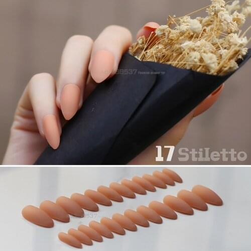 False nails 24pcs Full Nail Matte stiletto nails Sand brown fake nails soft natural light tan Pointed Orange red Easy to wear