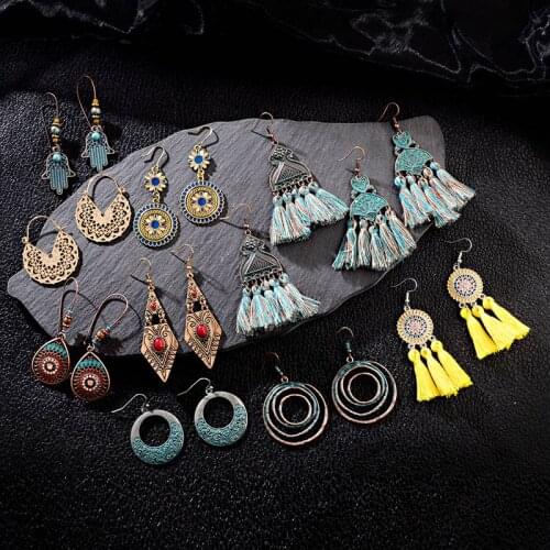 OIQUEI 10Pairs/Lot Boho Vintage Ethnic Fringe Tassel Metal Geometric Drop Dangle Women Earrings Set pendientes mujer moda 2019