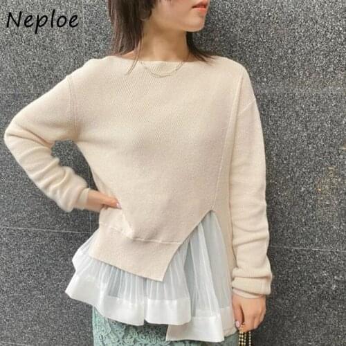 Neploe 2021 Autumn New Sweater Fashion Sweet Knitted Pullover O Neck Long Sleeve Patchwork Folds Split Fork Women Jumpers