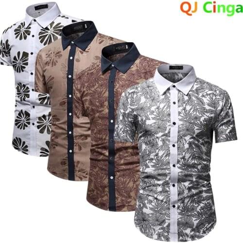 Single Breasted Lapel White Printed Shirt Mens Short Sleeve Summer Shirt Fashion Casual Chemise Brown Camisa