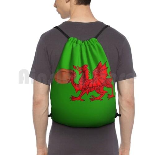 Welsh Dragon With A Rugby Ball Backpack Drawstring Bag Riding Climbing Gym Bag Welsh Dragon Rugby Ball Sport Red Brown