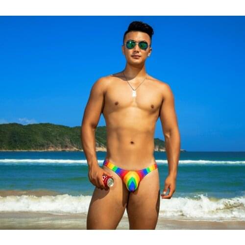 SD656 sexy rainbow printed swimwear men hot low waist narrow side gay men swimsuits bikinis beach shorts men swimwear swim brief