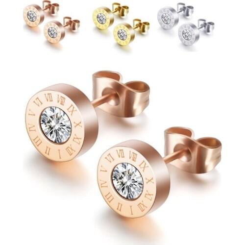 Stainless Steel Round Shine CZ 8MM Roman Numeral Stud Earrings For Women High Quality Jewelry
